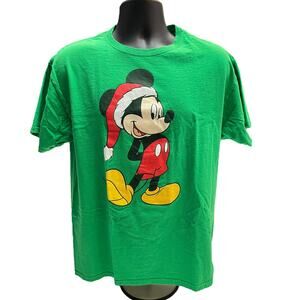Disney Mickey Mouse Christmas T-Shirt - Size Large - Green Holiday Santa Hat Tee